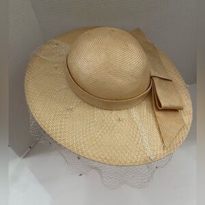 Vintage Adolfo Il New York / Paris Tan Wide Brim Straw Hat with Bow and Veil